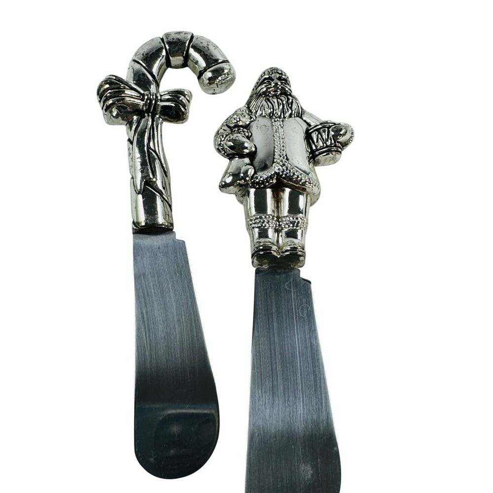 Christmas Santa Claus and Candy Cane Silver Tone Cheese Spreader Set 2pc 5in